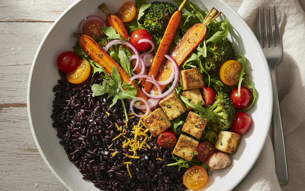Bunte Veganes Gemüse-Bowl mit schwarzem Reis