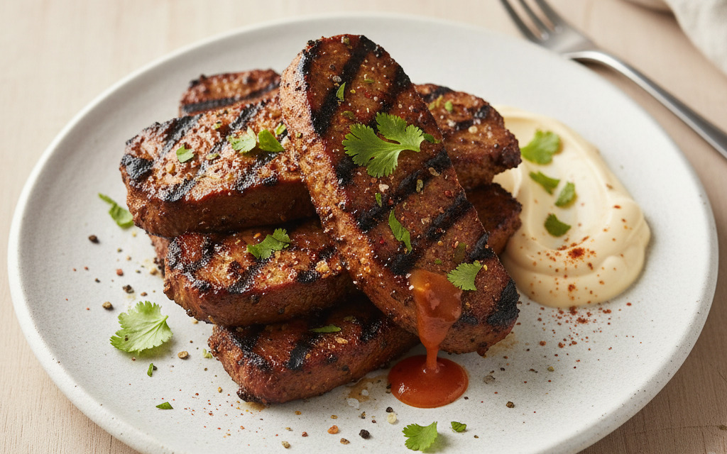 Marinierte vegane Seitan-Steaks mit feuriger Mayo