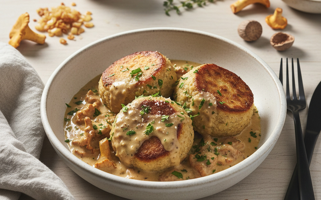 Vegane Semmelknödel mit Pfifferling-Rahm-Sauce