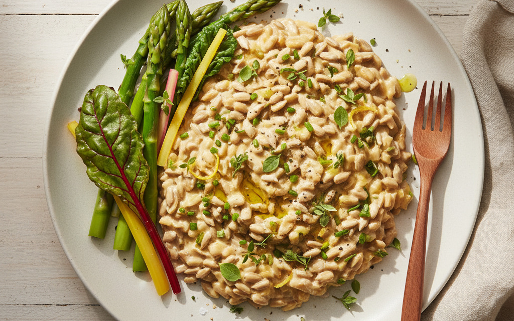 Veganes Zitronen-Kräuter-Risotto aus Sonnenblumenkernen