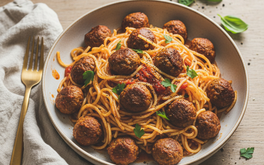 Vegane Spaghetti-Kürbis mit Soja-Bällchen