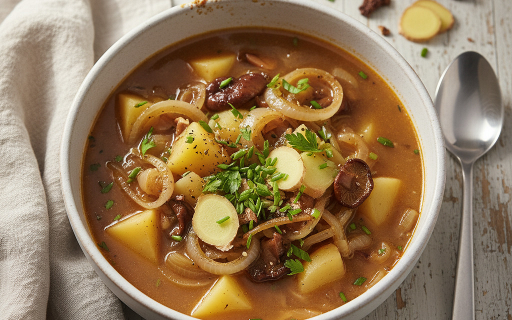 Vegane Steinpilz-Zwiebel-Suppe mit Kartoffeln