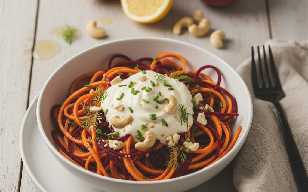 Vegane Süßkartoffel- & rote Bete Pasta mit Cashew Sour Creme