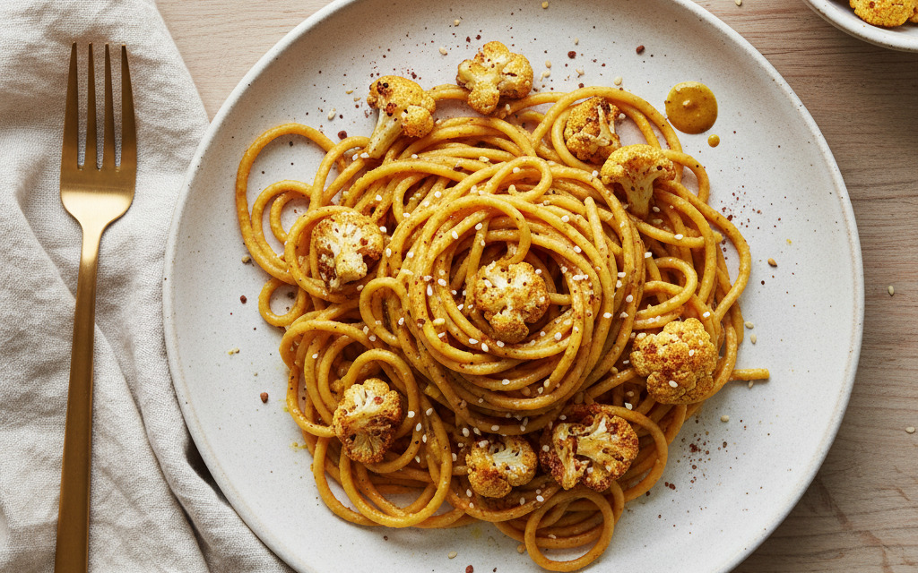 Vegane Süßkartoffel-Spaghetti mit gebackenem Blumenkohl