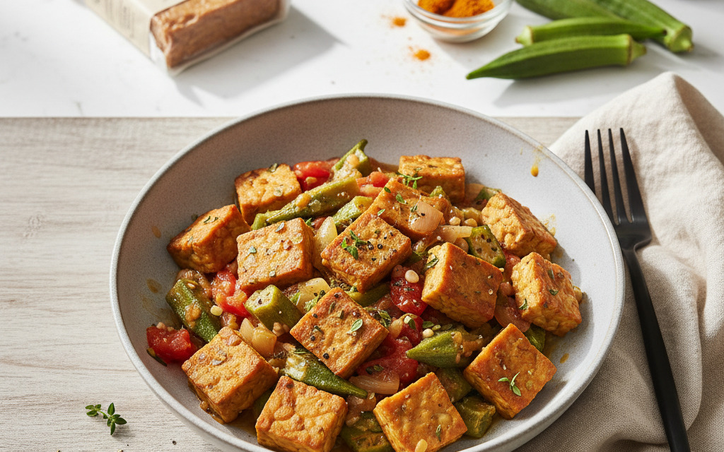 Gebratener vegane Tempeh auf Okra-Gemüse