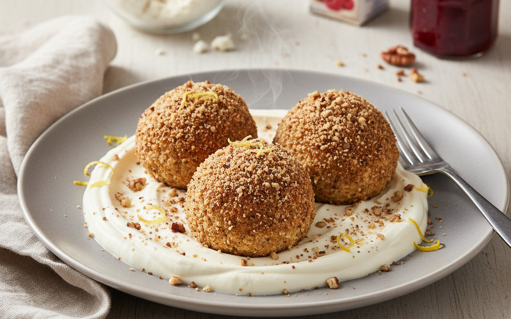 Nussig zimtige Tofu-Knödel auf Sauerrahm-Spiegel