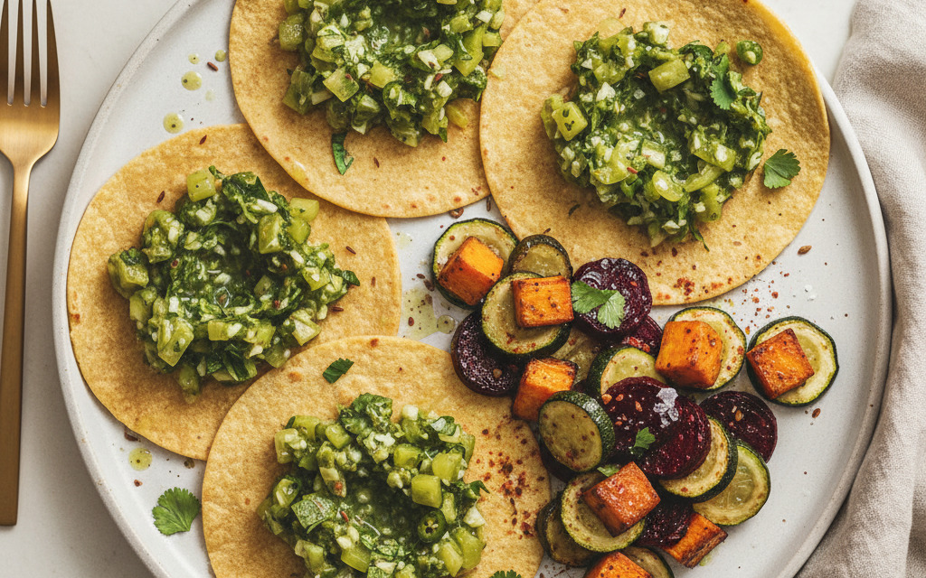 Vegane Mais-Tortillas mit Salsa Verde & karamelisiertem Gemüse