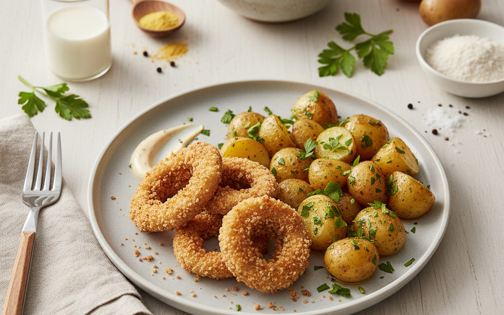 Vegane panierte Calamari mit Petersilkartoffeln