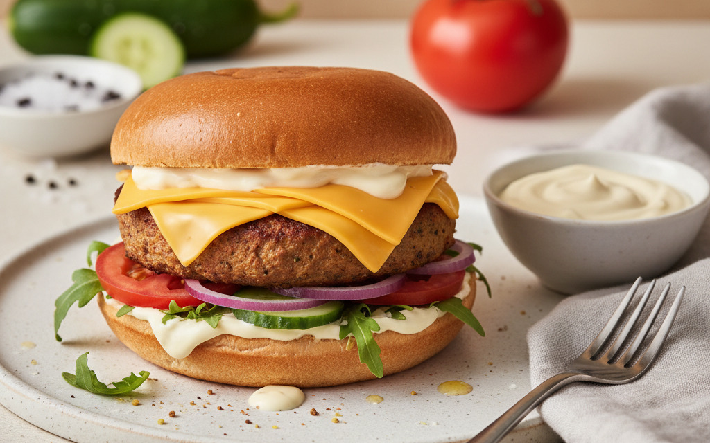 Veganer Cheeseburger mit selbstgemachter Mayo