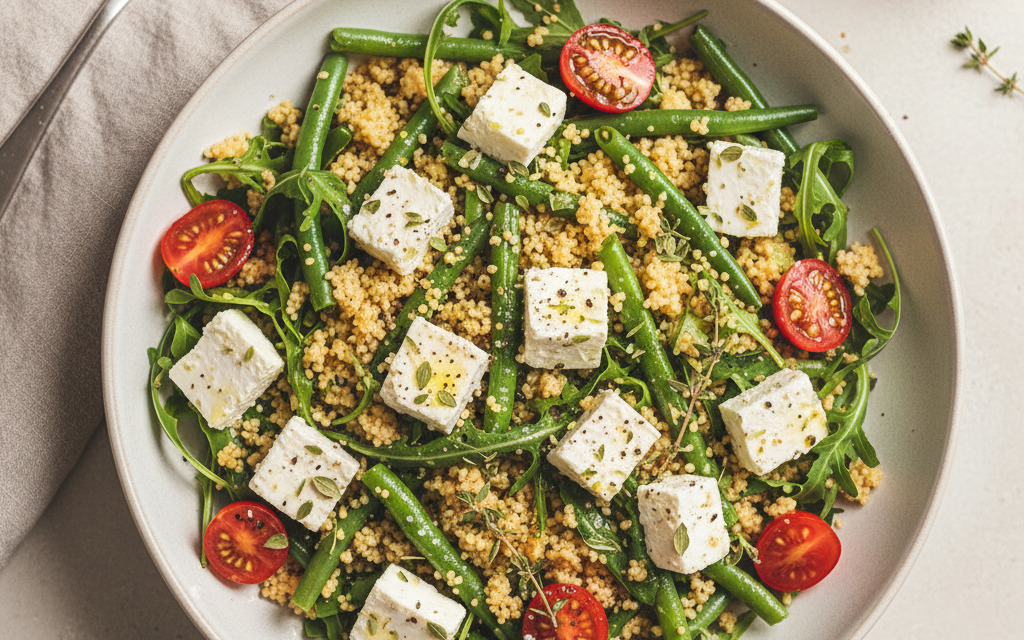 Veganer Feta auf Rucola-Bohnen-Couscous Salat