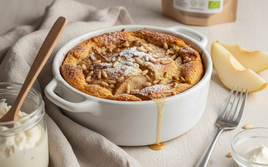 Veganer Birnen-Quark-Auflauf mit Vanille & Pinienkernen