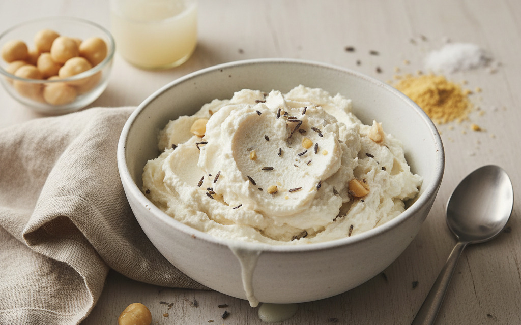 Veganer Ricotta oder Frischkäse aus Macadamia-Nüssen