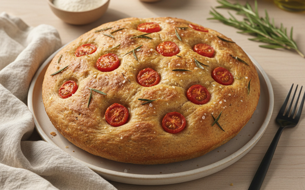 Vegane Vollkorn-Focaccia mit Tomaten und Rosmarin