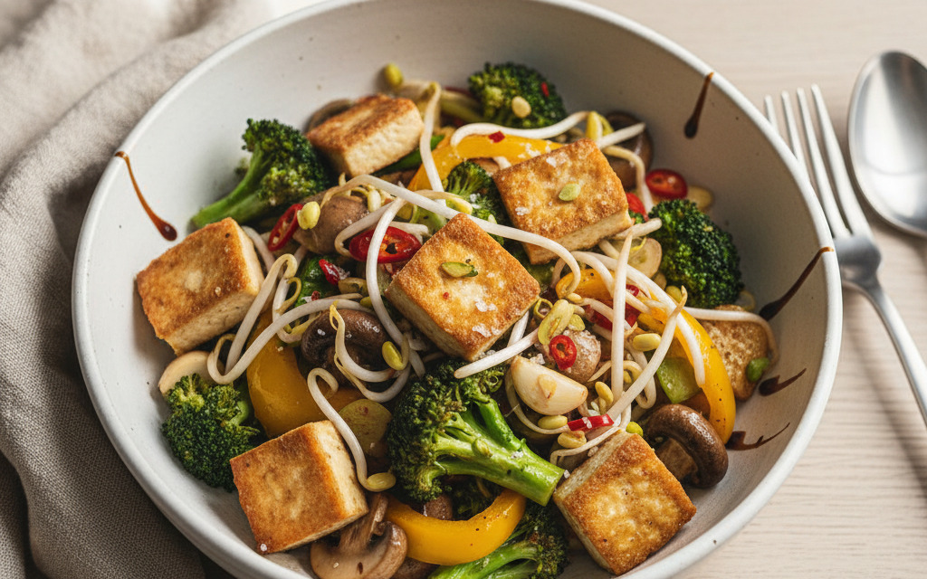 Buntes Vegane Wok-Gemüse mit Tofu-Ecken