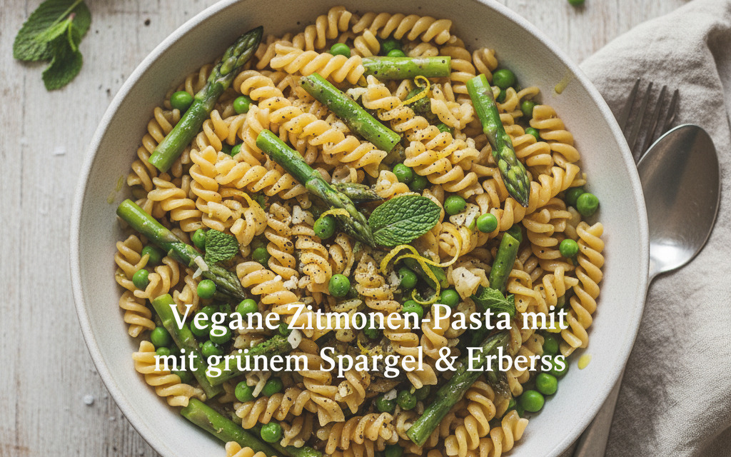 Vegane Zitronen-Pasta mit grünem Spargel & Erbsen