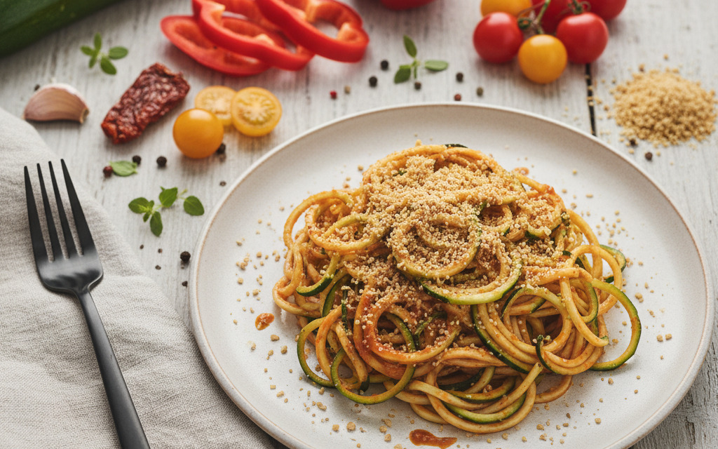 Vegane Zucchini-Nudeln mit frischer Sauce und Walnuss Parmesan